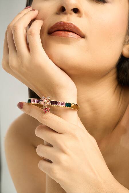 Afew By Rahul Mishra_Multi Color Stones Floral Motif Embellished Bangle _at_Aza_Fashions