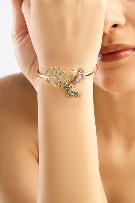 Shop_Afew By Rahul Mishra_Multi Color Crystals Stone Embellished Bracelet With Leaf Design _Online_at_Aza_Fashions