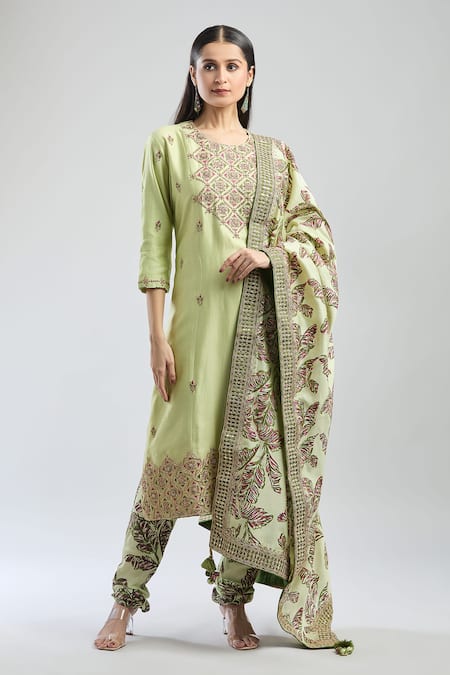 Buy_Punit Balana_Green Silk, Chanderi Embroidery Round Neck Floral Kurta Set _Online_at_Aza_Fashions