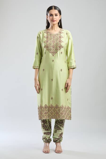 Shop_Punit Balana_Green Silk, Chanderi Embroidery Round Neck Floral Kurta Set _Online_at_Aza_Fashions