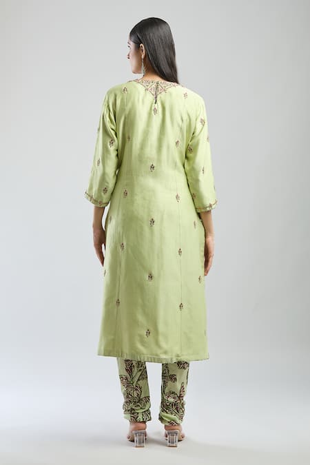Shop_Punit Balana_Green Silk, Chanderi Embroidery Round Neck Floral Kurta Set _at_Aza_Fashions