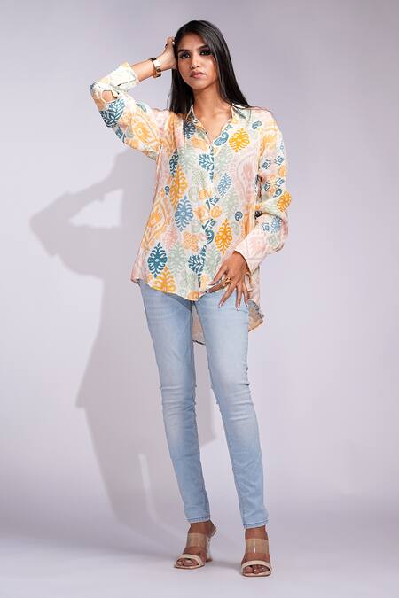 Buy_Shruti S_Beige Modal, Satin Collared Ikat Print Shirt _Online_at_Aza_Fashions
