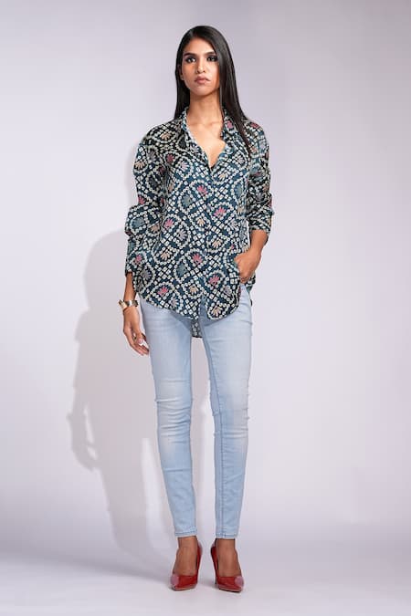 Shop_Shruti S_Navy Modal Collared Bandhani Print Satin Shirt _Online_at_Aza_Fashions