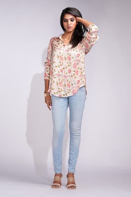 Buy_Shruti S_Beige Modal Collared Kantha Print Satin Shirt _Online_at_Aza_Fashions
