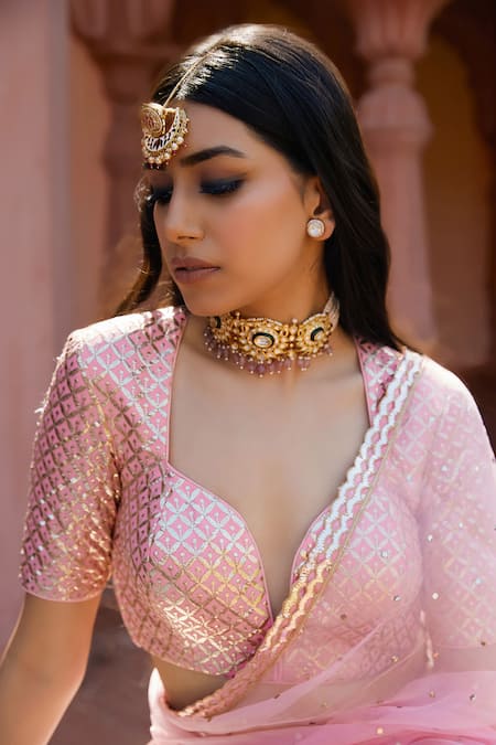 Buy Ranbir Mukherjee Calcutta Pink Organza Light Saree With Blouse Online at Aza Fashions Buy_Ranbir Mukherjee Calcutta_Pink Organza Light Saree With Blouse _Online_at_Aza_Fashions