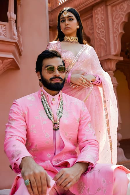 Shop Ranbir Mukherjee Calcutta Pink Organza Light Saree With Blouse Online at Aza Fashions Shop_Ranbir Mukherjee Calcutta_Pink Organza Light Saree With Blouse _Online_at_Aza_Fashions