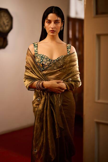 Buy_Zoon_Teal Tissue, Satin Embroidery Scoop Neck Green Aari Saree Set _Online_at_Aza_Fashions