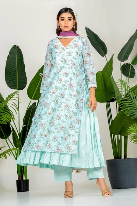 Buy_Yuvraani Jaipur_Mint Chanderi, Cotton, Chiffon Lace, Tassels V-neck Floral Printed Kurta Set _Online_at_Aza_Fashions