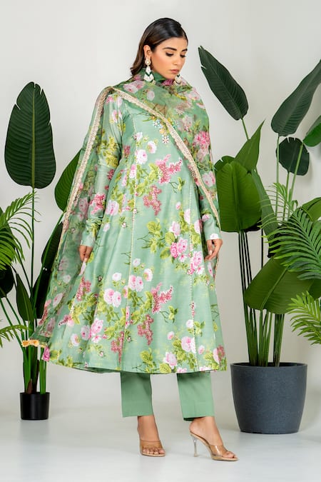 Buy_Yuvraani Jaipur_Green Chanderi, Cotton Embroidery V-neck Floral Printed Anarkali Set 