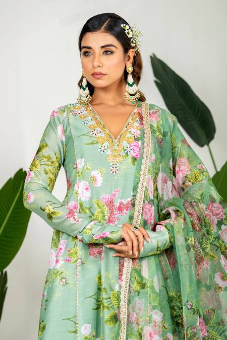 Shop_Yuvraani Jaipur_Green Chanderi, Cotton Embroidery V-neck Floral Printed Anarkali Set 