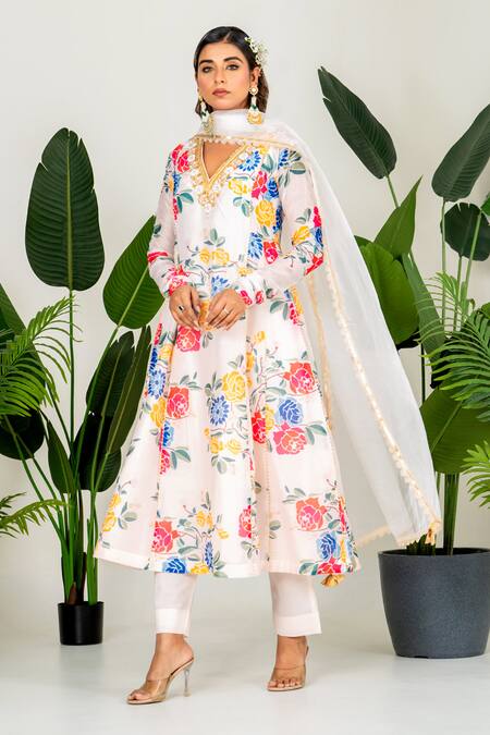 Shop_Yuvraani Jaipur_White Chanderi, Organza, Cotton Embroidery, Floral Printed Anarkali Set _Online_at_Aza_Fashions