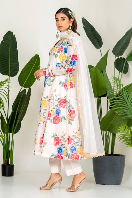 Buy_Yuvraani Jaipur_White Chanderi, Organza, Cotton Embroidery, Floral Printed Anarkali Set 