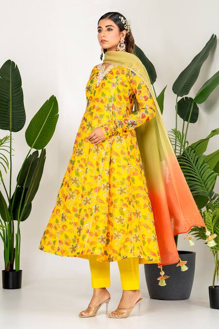 Buy_Yuvraani Jaipur_Yellow Chanderi, Organza, Cotton Embroidery, Digital Printed Anarkali Set _Online_at_Aza_Fashions