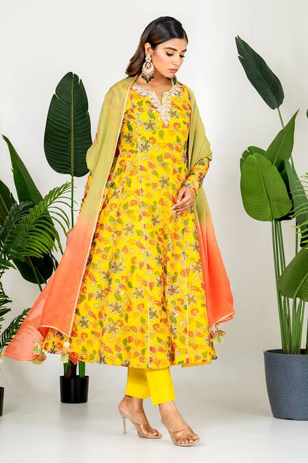 Shop_Yuvraani Jaipur_Yellow Chanderi, Organza, Cotton Embroidery, Digital Printed Anarkali Set _Online_at_Aza_Fashions