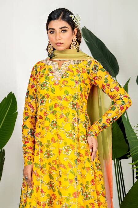 Yuvraani Jaipur_Yellow Chanderi, Organza, Cotton Embroidery, Digital Printed Anarkali Set _at_Aza_Fashions