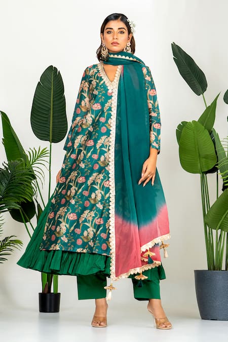 Yuvraani Jaipur_Green Chanderi, Organza, Cotton Embroidery, Bottle Floral Printed Kurta Set _Online_at_Aza_Fashions
