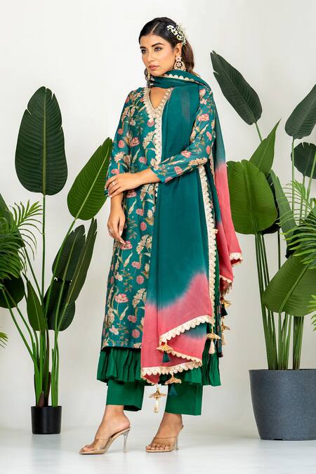 Yuvraani Jaipur_Green Chanderi, Organza, Cotton Embroidery, Bottle Floral Printed Kurta Set _at_Aza_Fashions