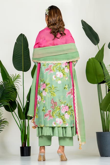 Shop_Yuvraani Jaipur_Green Chanderi, Organza, Cotton Embroidery Floral Printed Pista Kurta Set _at_Aza_Fashions