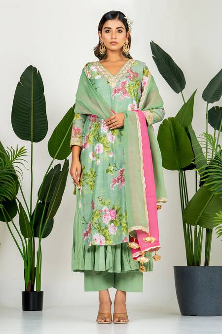 Shop_Yuvraani Jaipur_Green Chanderi, Organza, Cotton Embroidery Floral Printed Pista Kurta Set _Online_at_Aza_Fashions