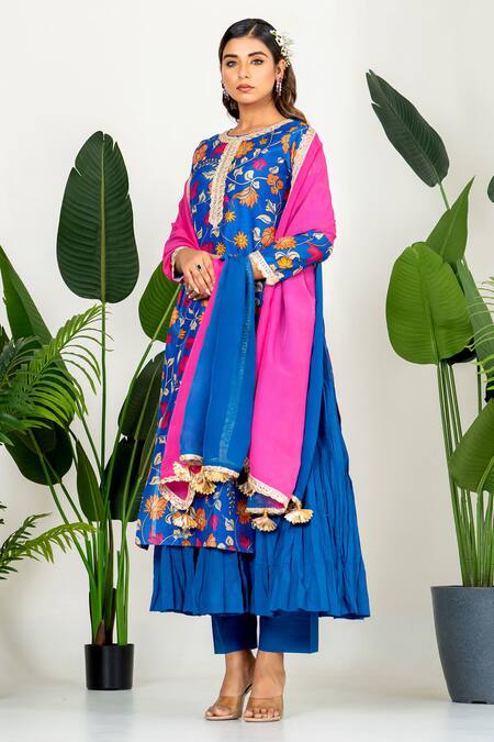 Buy_Yuvraani Jaipur_Blue Chanderi, Cotton, Organza Embroidery Round Neck Digital Printed Kurta Set _Online_at_Aza_Fashions