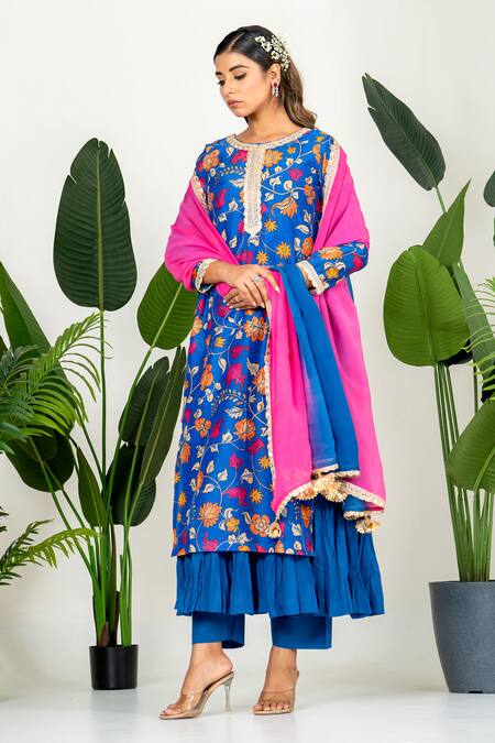 Shop_Yuvraani Jaipur_Blue Chanderi, Cotton, Organza Embroidery Round Neck Digital Printed Kurta Set _Online_at_Aza_Fashions