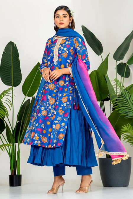 Yuvraani Jaipur_Blue Chanderi, Cotton, Organza Embroidery Round Neck Digital Printed Kurta Set _at_Aza_Fashions