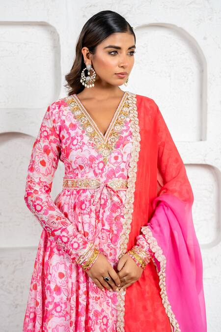 Yuvraani Jaipur_Pink Chanderi, Cotton, Organza Sequins, Floral Printed Anarkali Set With Dupatta _at_Aza_Fashions
