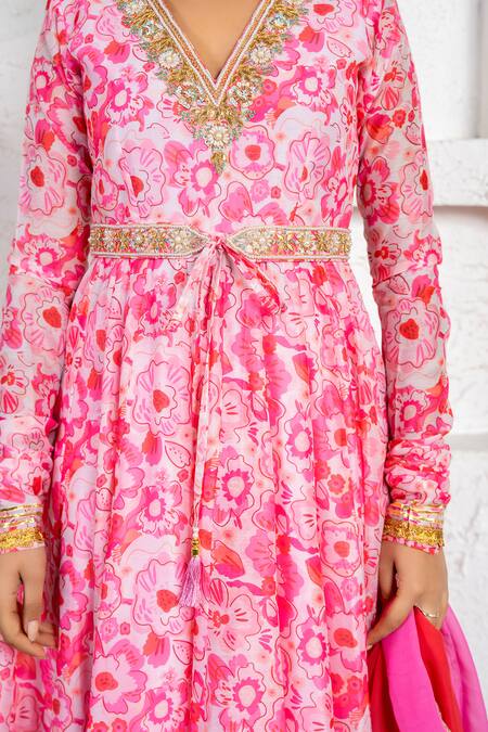 Buy_Yuvraani Jaipur_Pink Chanderi, Cotton, Organza Sequins, Floral Printed Anarkali Set With Dupatta 