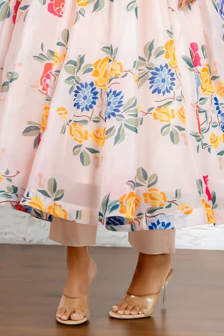 Buy_Yuvraani Jaipur_Multi Color Chanderi, Cotton, Organza Floral Printed Anarkali Set With Dupatta _Online_at_Aza_Fashions