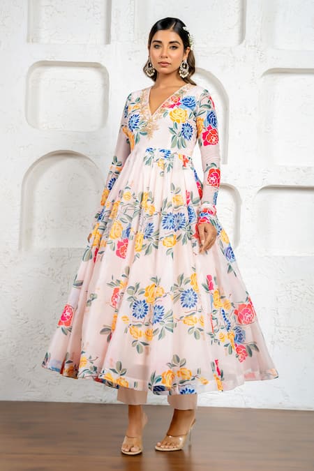 Shop_Yuvraani Jaipur_Multi Color Chanderi, Cotton, Organza Floral Printed Anarkali Set With Dupatta _Online_at_Aza_Fashions