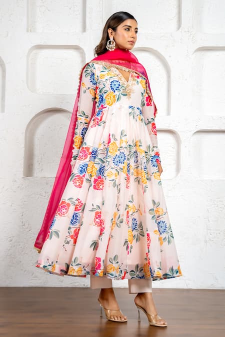 Yuvraani Jaipur_Multi Color Chanderi, Cotton, Organza Floral Printed Anarkali Set With Dupatta _Online_at_Aza_Fashions
