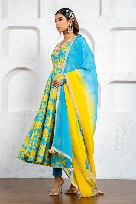 Buy_Yuvraani Jaipur_Multi Color Chanderi, Cotton, Organza Floral Printed Anarkali Set With Dupatta _Online_at_Aza_Fashions