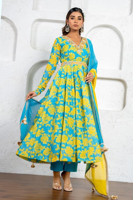Shop_Yuvraani Jaipur_Multi Color Chanderi, Cotton, Organza Floral Printed Anarkali Set With Dupatta _Online_at_Aza_Fashions
