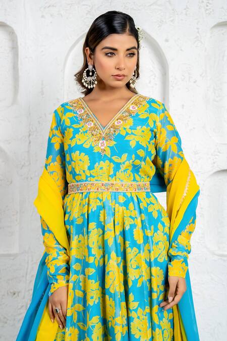 Yuvraani Jaipur_Multi Color Chanderi, Cotton, Organza Floral Printed Anarkali Set With Dupatta _at_Aza_Fashions