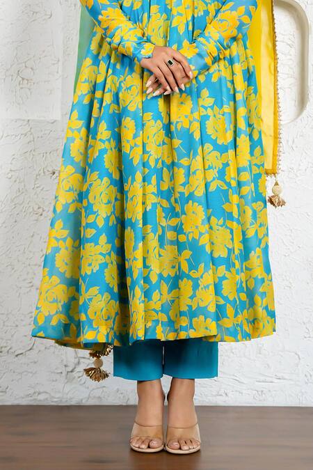 Buy_Yuvraani Jaipur_Multi Color Chanderi, Cotton, Organza Floral Printed Anarkali Set With Dupatta 