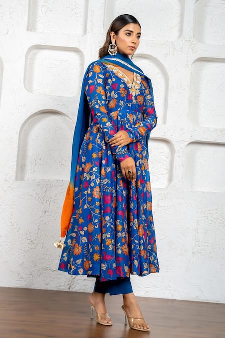 Yuvraani Jaipur_Navy Chanderi, Cotton, Organza Gota Floral Printed Anarkali Set With Dupatta _Online_at_Aza_Fashions
