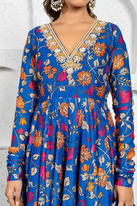 Buy_Yuvraani Jaipur_Navy Chanderi, Cotton, Organza Gota Floral Printed Anarkali Set With Dupatta 