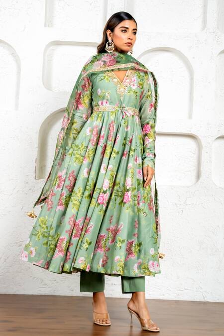 Buy_Yuvraani Jaipur_Green Chanderi, Cotton, Organza Gota Patti, Floral Printed Anarkali Set _Online_at_Aza_Fashions