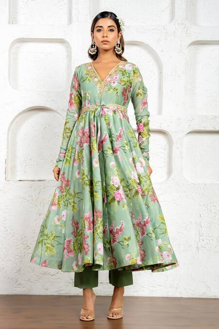 Shop_Yuvraani Jaipur_Green Chanderi, Cotton, Organza Gota Patti, Floral Printed Anarkali Set _Online_at_Aza_Fashions