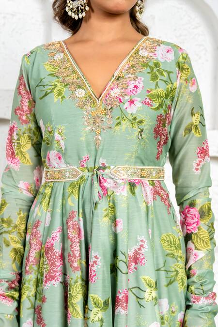 Shop_Yuvraani Jaipur_Green Chanderi, Cotton, Organza Gota Patti, Floral Printed Anarkali Set 