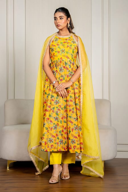 Yuvraani Jaipur_Yellow Chanderi, Organza, Cotton Embroidery Halter Floral Printed Anarkali Set _Online_at_Aza_Fashions