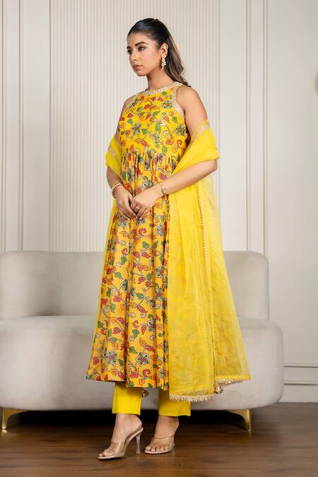 Buy_Yuvraani Jaipur_Yellow Chanderi, Organza, Cotton Embroidery Halter Floral Printed Anarkali Set _Online_at_Aza_Fashions