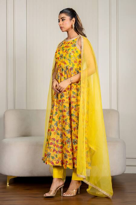 Shop_Yuvraani Jaipur_Yellow Chanderi, Organza, Cotton Embroidery Halter Floral Printed Anarkali Set _Online_at_Aza_Fashions
