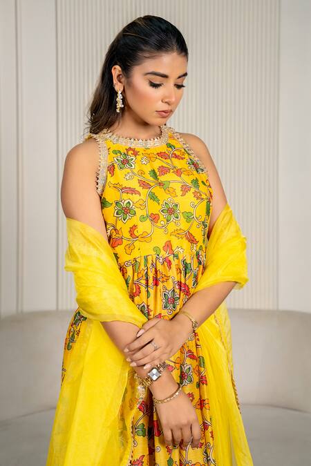 Yuvraani Jaipur_Yellow Chanderi, Organza, Cotton Embroidery Halter Floral Printed Anarkali Set _at_Aza_Fashions