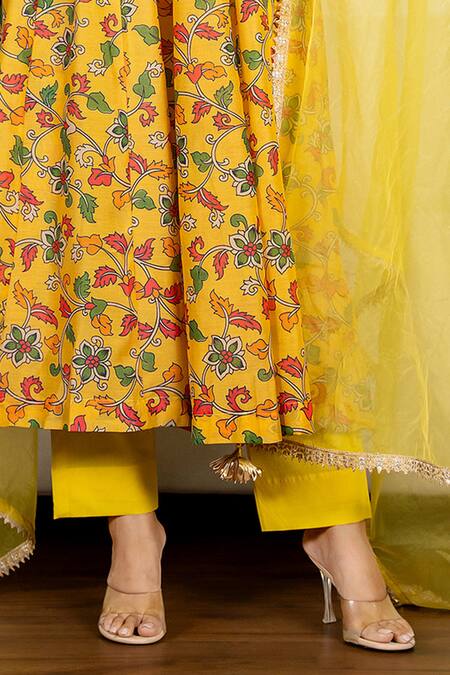 Buy Yuvraani Jaipur Yellow Chanderi, Organza, Cotton Embroidery Halter Floral Printed Anarkali Set Buy_Yuvraani Jaipur_Yellow Chanderi, Organza, Cotton Embroidery Halter Floral Printed Anarkali Set