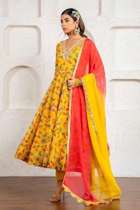 Yuvraani Jaipur_Yellow Chanderi, Cotton, Organza Gota Patti, Floral Printed Anarkali Set _Online_at_Aza_Fashions