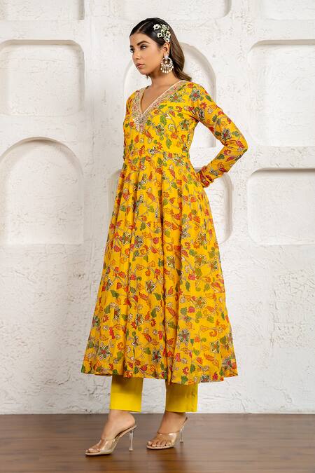 Shop_Yuvraani Jaipur_Yellow Chanderi, Cotton, Organza Gota Patti, Floral Printed Anarkali Set _Online_at_Aza_Fashions