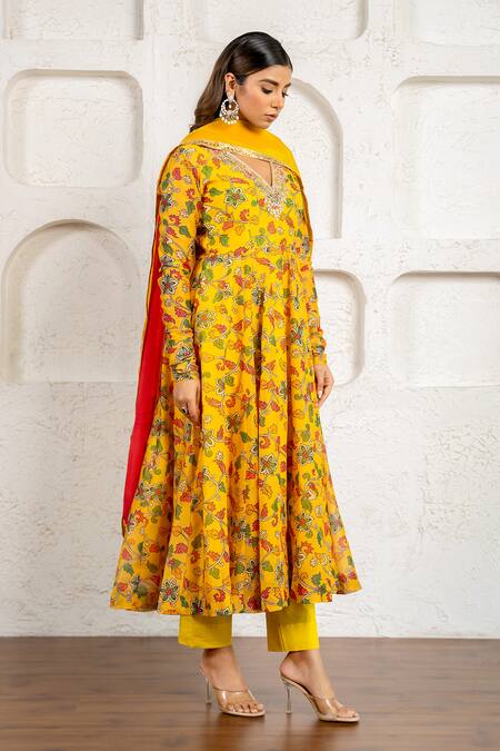 Yuvraani Jaipur_Yellow Chanderi, Cotton, Organza Gota Patti, Floral Printed Anarkali Set _at_Aza_Fashions