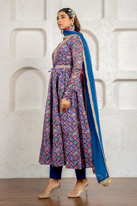 Yuvraani Jaipur_Blue Chanderi, Cotton, Organza Embroidery V-neck Floral Printed Anarkali Set _Online_at_Aza_Fashions