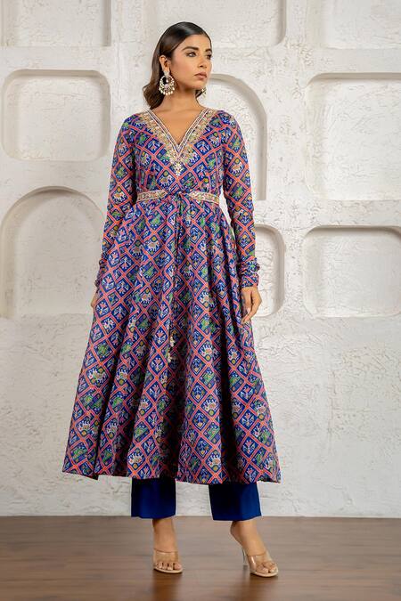 Buy_Yuvraani Jaipur_Blue Chanderi, Cotton, Organza Embroidery V-neck Floral Printed Anarkali Set _Online_at_Aza_Fashions